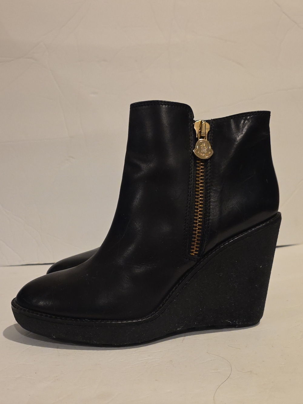 Moncler Women's Black Wedge Ankle Boots with Gold Zip Size 40